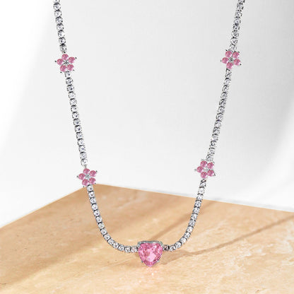 [Sparkling Aurora]Dazzling Pink Heart Flower Necklace