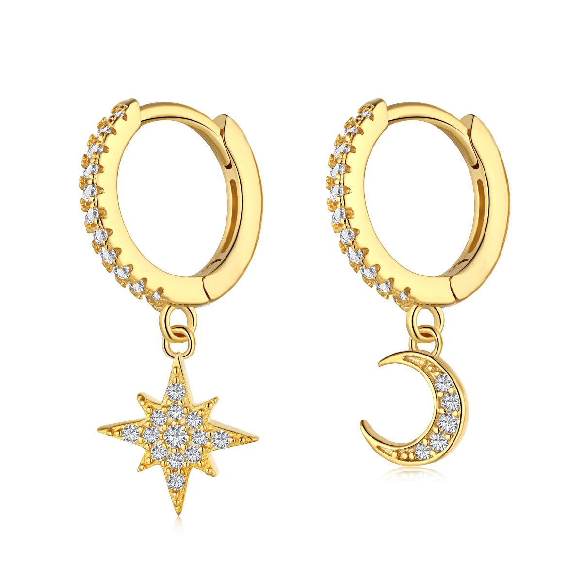 [Sparkling Aurora]Star and Moon Asymmetric Earrings