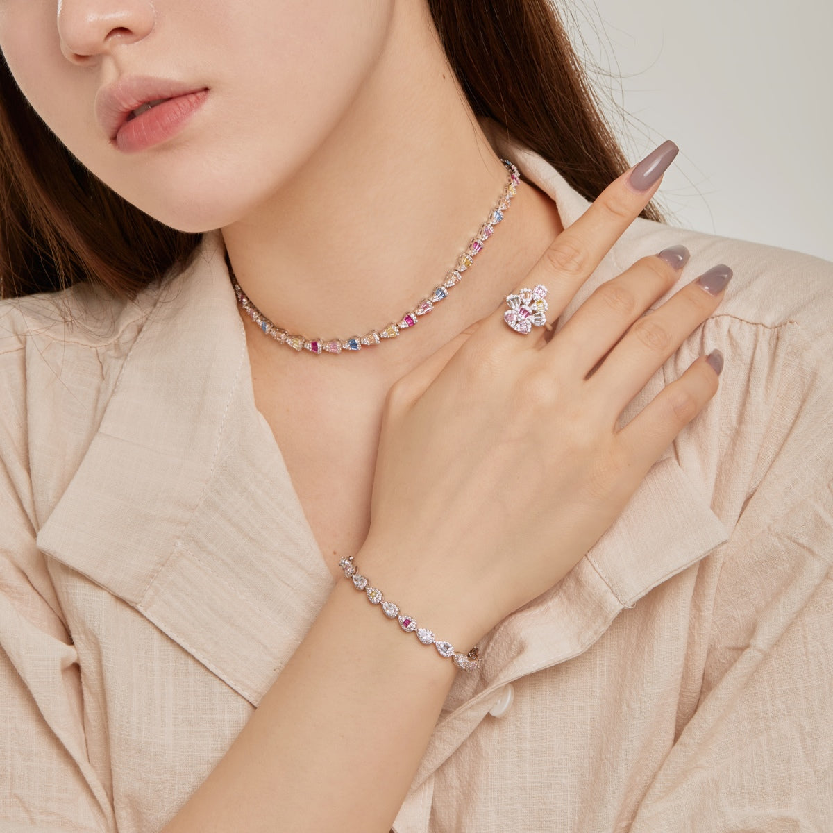 [Sparkling Aurora]Sparkling Colorful Water Drop Shape Daily Ring